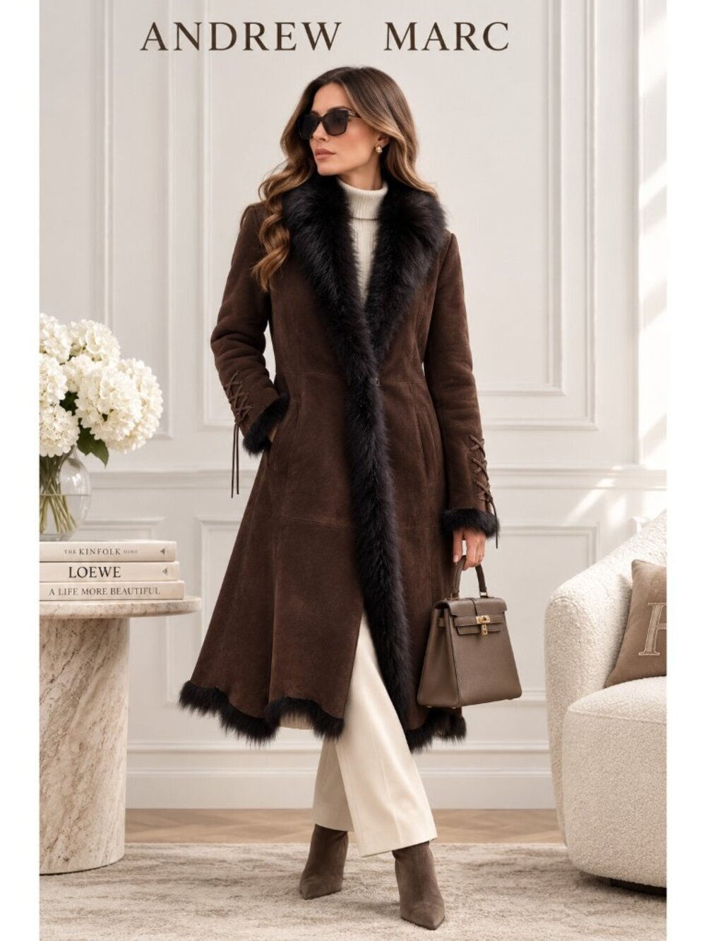 Andrew Marc 100% Lamb Shearling Suede Fur Trim Long Coat Brown L Made in Spain